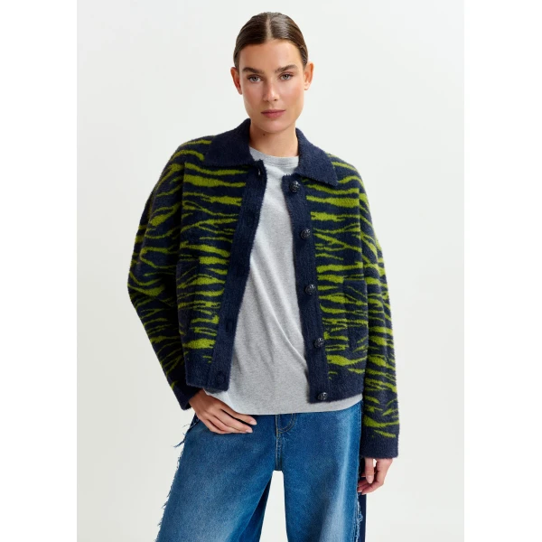 Essentiel Antwerp Dark blue and green zebra-print cardigan - Essentiel Antwerp Knitwear - Colorful Belgian Design - Shop at Luxury Shoes 