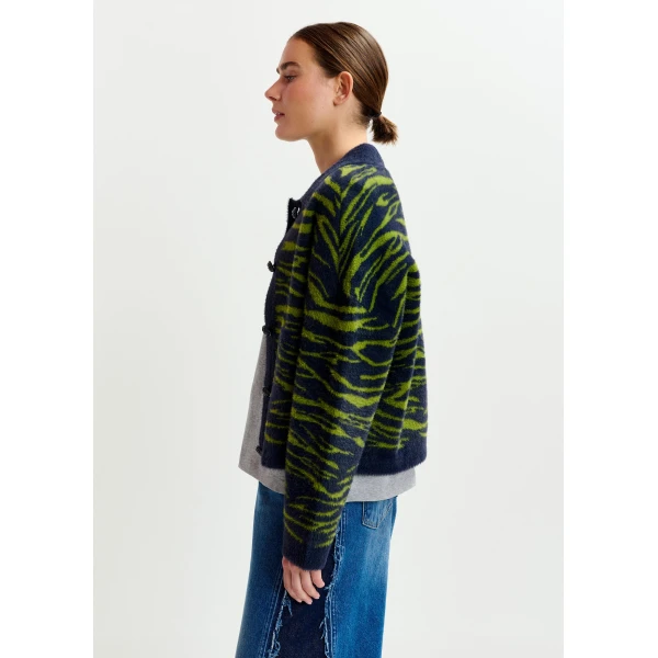 Essentiel Antwerp Dark blue and green zebra-print cardigan - Essentiel Antwerp Knitwear - Colorful Belgian Design - Shop at Luxury Shoes 