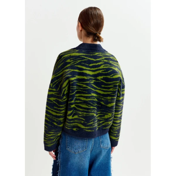 Essentiel Antwerp Dark blue and green zebra-print cardigan - Essentiel Antwerp Knitwear - Colorful Belgian Design - Shop at Luxury Shoes 
