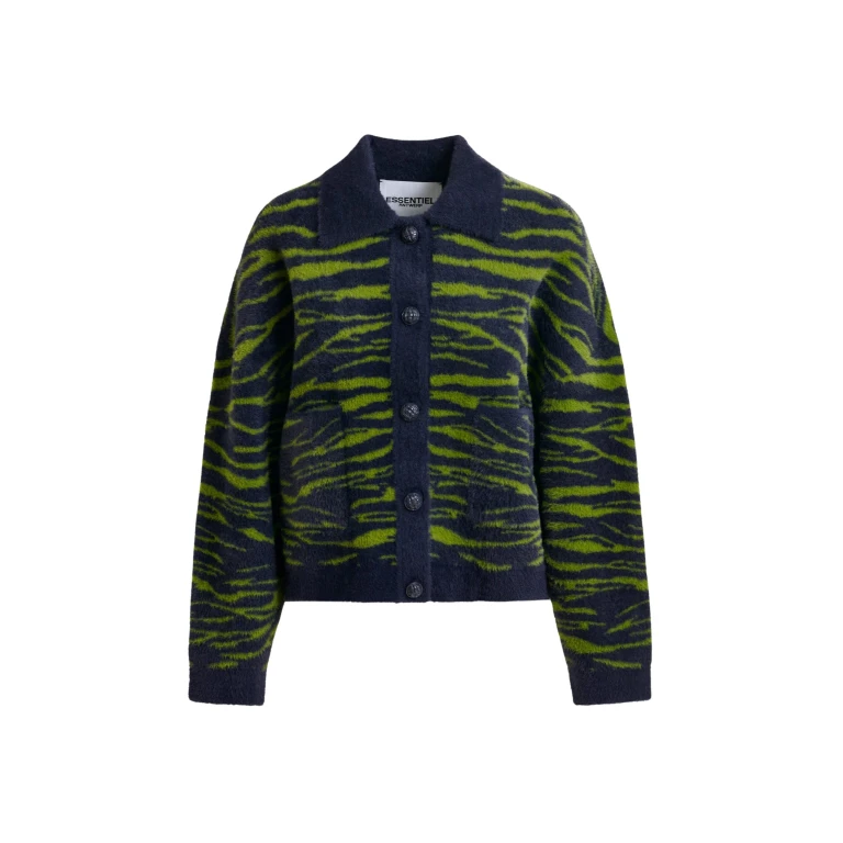 Essentiel Antwerp Dark blue and green zebra-print cardigan - Essentiel Antwerp Knitwear - Colorful Belgian Design - Shop at Luxury Shoes 
