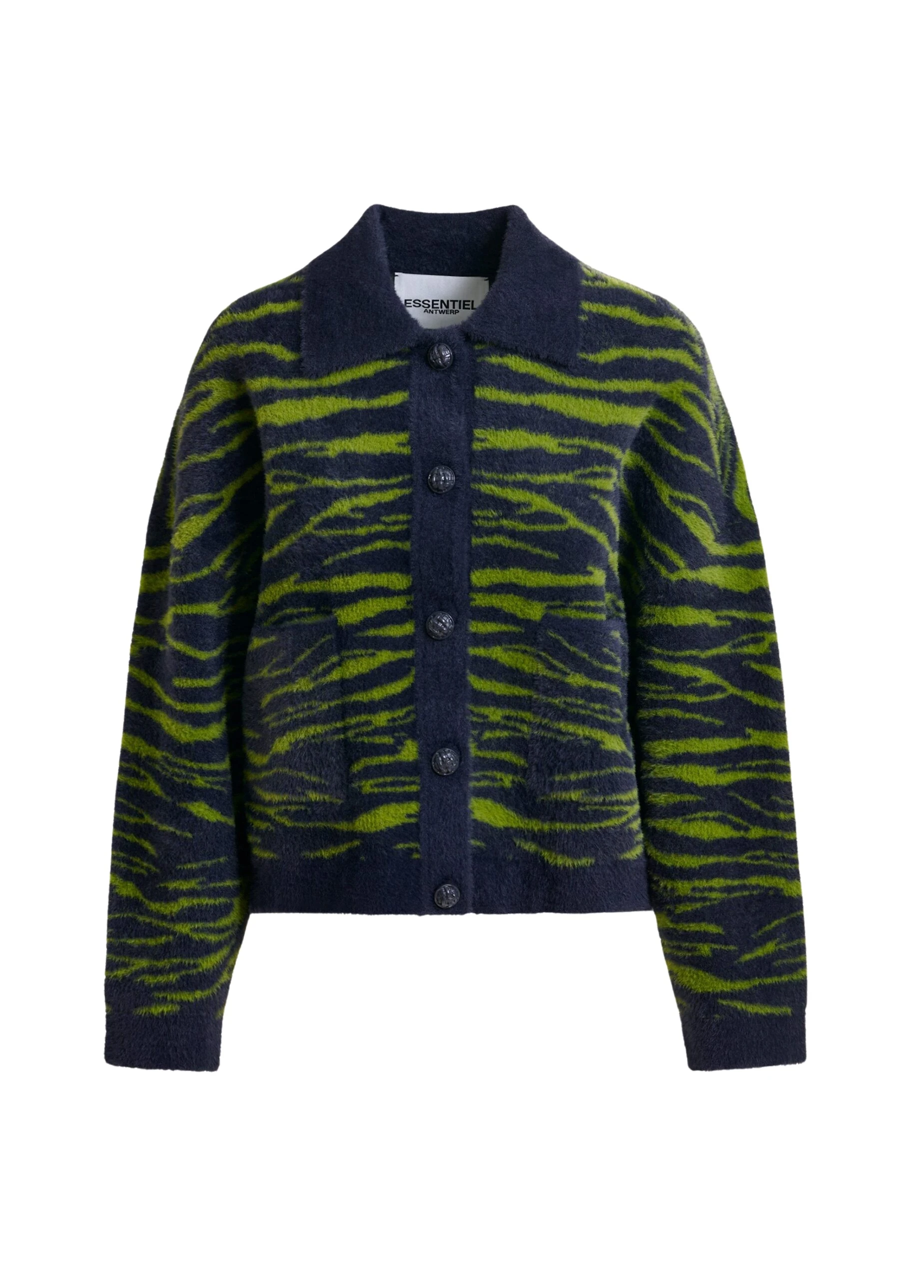 Dark-blue-and-green-zebra-print-cardigan-Essentiel-Antwerp-Knitwear-scaled45990_nobg Essentiel Antwerp Dark blue and green zebra-print cardigan - Essentiel Antwerp Knitwear - Colorful Belgian Design - Shop at Luxury Shoes