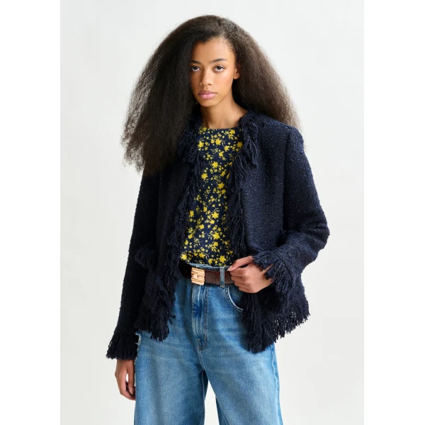 Essentiel Antwerp Dark blue fringed wool-blend bouclé jacket - Essentiel Antwerp Jackets - Colorful Belgian Design - Shop at Luxury Shoes 