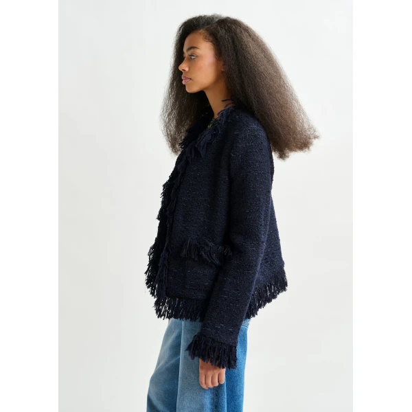 Essentiel Antwerp Dark blue fringed wool-blend bouclé jacket - Essentiel Antwerp Jackets - Colorful Belgian Design - Shop at Luxury Shoes 