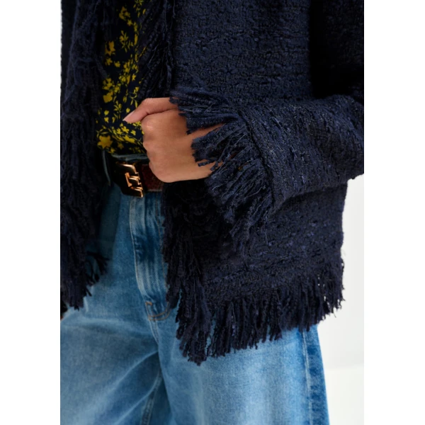 Essentiel Antwerp Dark blue fringed wool-blend bouclé jacket - Essentiel Antwerp Jackets - Colorful Belgian Design - Shop at Luxury Shoes 