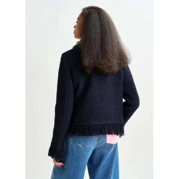 Essentiel Antwerp Dark blue fringed wool-blend bouclé jacket - Essentiel Antwerp Jackets - Colorful Belgian Design - Shop at Luxury Shoes 