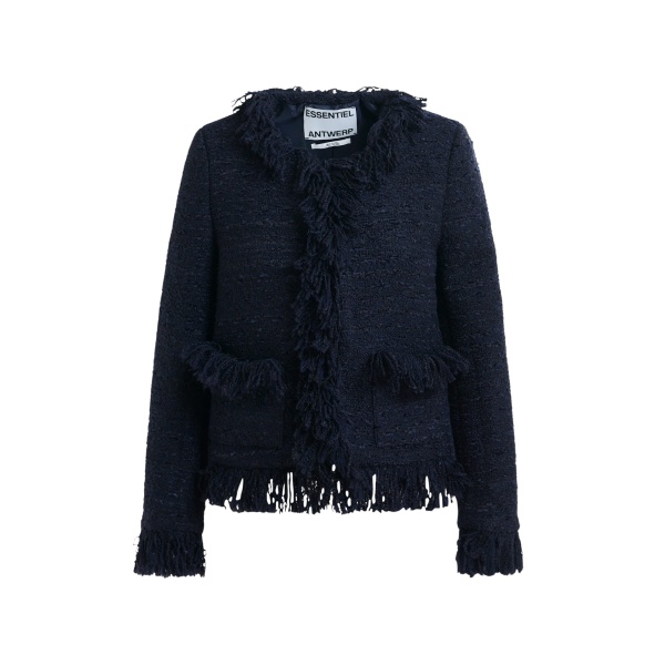 Essentiel Antwerp Dark blue fringed wool-blend bouclé jacket - Essentiel Antwerp Jackets - Colorful Belgian Design - Shop at Luxury Shoes 