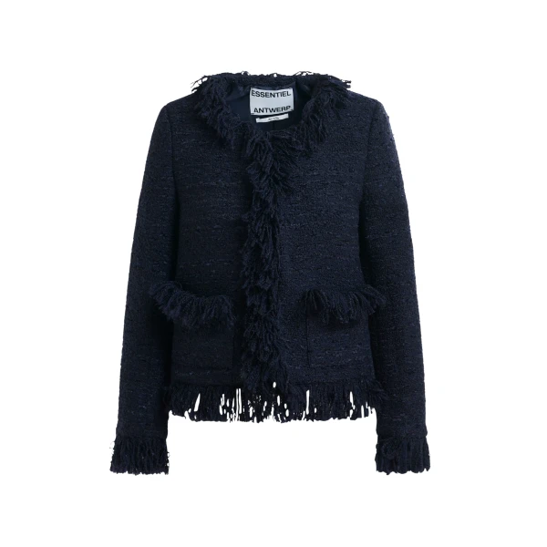 Essentiel Antwerp Dark blue fringed wool-blend bouclé jacket - Essentiel Antwerp Jackets - Colorful Belgian Design - Shop at Luxury Shoes 