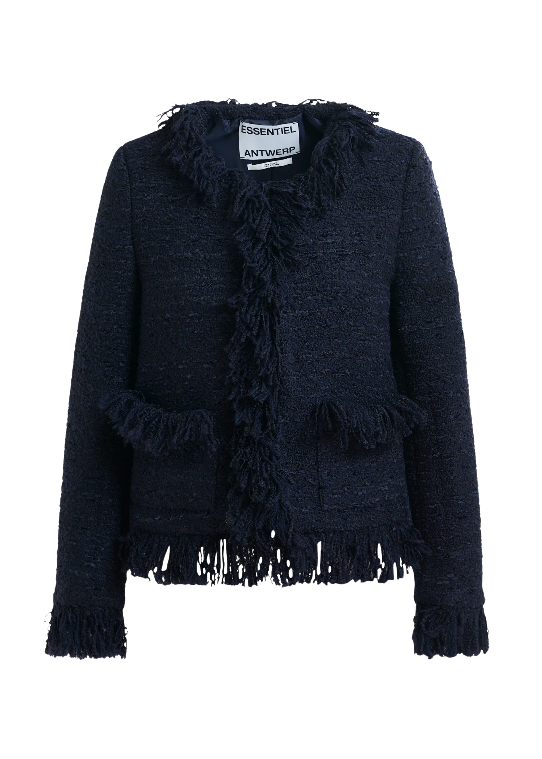 Essentiel Antwerp Dark blue fringed wool-blend bouclé jacket - Essentiel Antwerp Jackets - Colorful Belgian Design - Shop at Luxury Shoes 