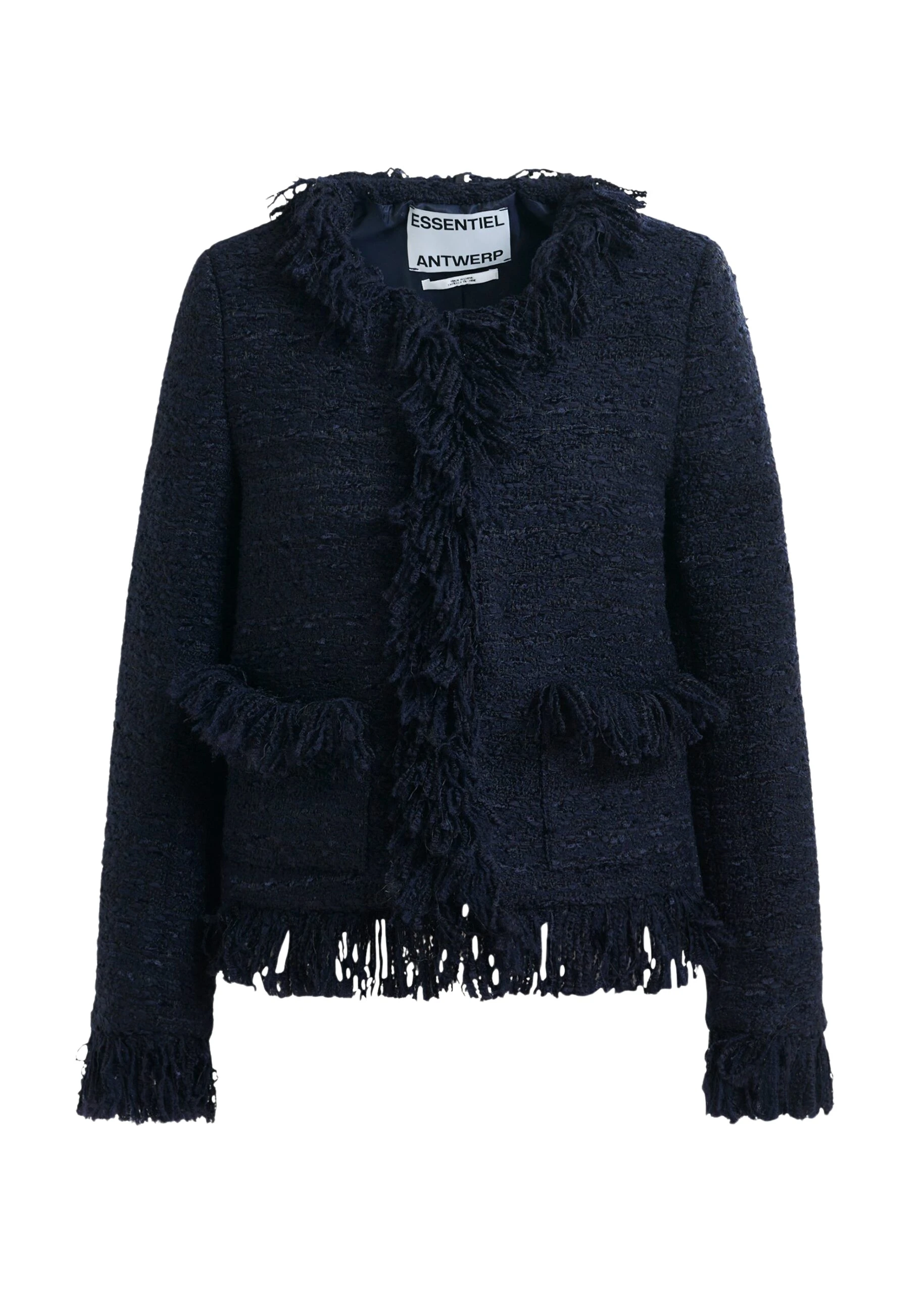 Dark-blue-fringed-wool-blend-boucle-jacket-Essentiel-Antwerp-Jackets-scaled84732_nobg Essentiel Antwerp Dark blue fringed wool-blend bouclé jacket - Essentiel Antwerp Jackets - Colorful Belgian Design - Shop at Luxury Shoes