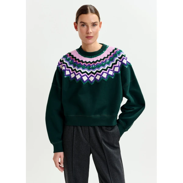 Essentiel Antwerp Dark green and multicolor cotton sweatshirt with sequin embellishments - Essentiel Antwerp Shirts - Colorful Belgian Design - Shop at Luxury Shoes 