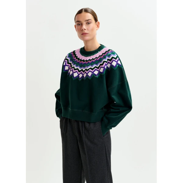 Essentiel Antwerp Dark green and multicolor cotton sweatshirt with sequin embellishments - Essentiel Antwerp Shirts - Colorful Belgian Design - Shop at Luxury Shoes 