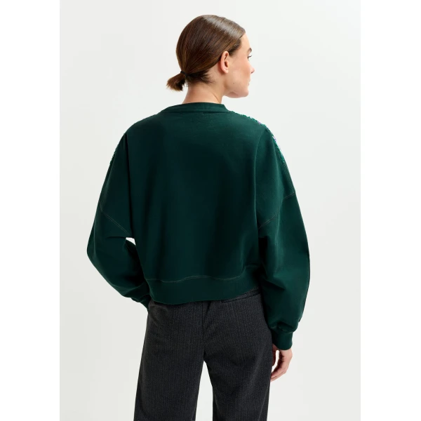 Essentiel Antwerp Dark green and multicolor cotton sweatshirt with sequin embellishments - Essentiel Antwerp Shirts - Colorful Belgian Design - Shop at Luxury Shoes 