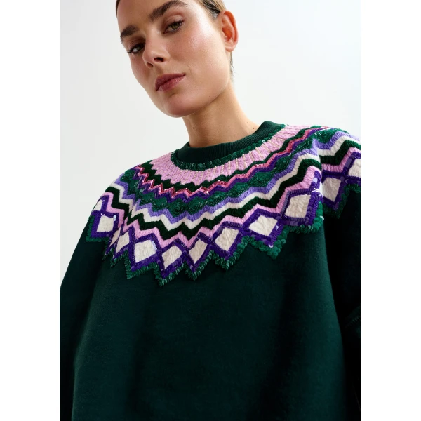 Essentiel Antwerp Dark green and multicolor cotton sweatshirt with sequin embellishments - Essentiel Antwerp Shirts - Colorful Belgian Design - Shop at Luxury Shoes 