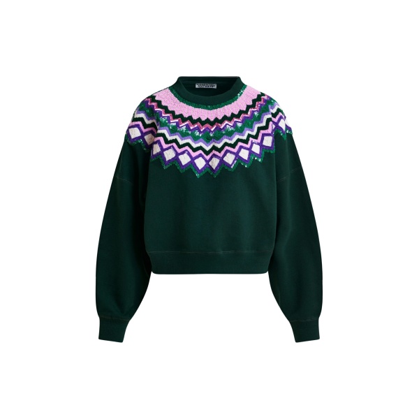 Essentiel Antwerp Dark green and multicolor cotton sweatshirt with sequin embellishments - Essentiel Antwerp Shirts - Colorful Belgian Design - Shop at Luxury Shoes 