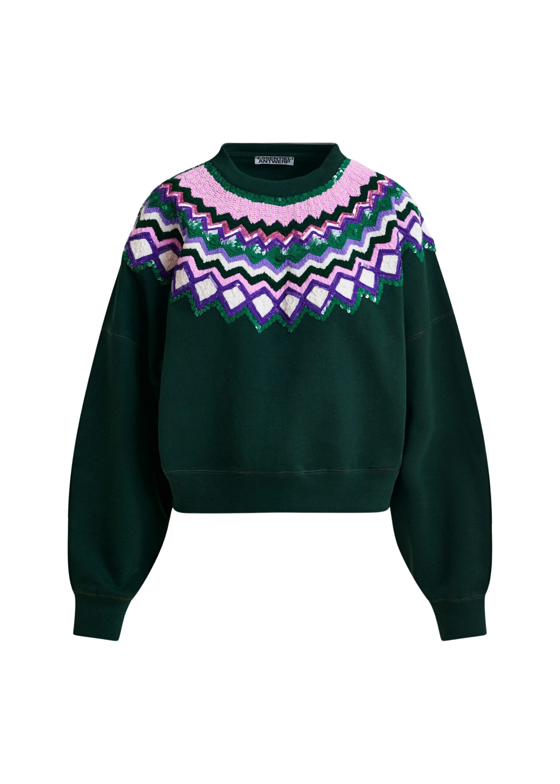 Essentiel Antwerp Dark green and multicolor cotton sweatshirt with sequin embellishments Top