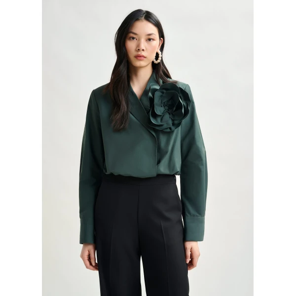 Essentiel Antwerp Dark teal green bodysuit with self-fabric flower - Essentiel Antwerp Bodysuit - Colorful Belgian Design - Shop at Luxury Shoes 
