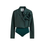 Essentiel Antwerp Dark teal green bodysuit with self-fabric flower - Essentiel Antwerp Bodysuit - Colorful Belgian Design - Shop at Luxury Shoes 