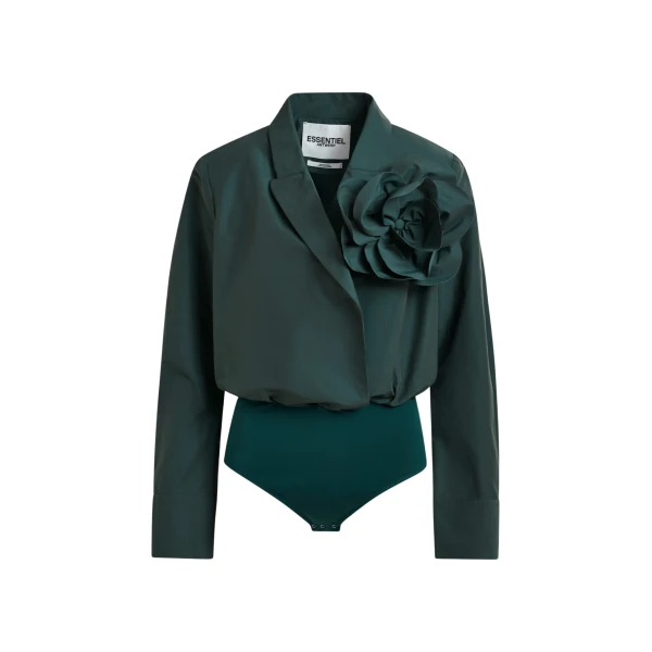 Essentiel Antwerp Dark teal green bodysuit with self-fabric flower - Essentiel Antwerp Bodysuit - Colorful Belgian Design - Shop at Luxury Shoes 