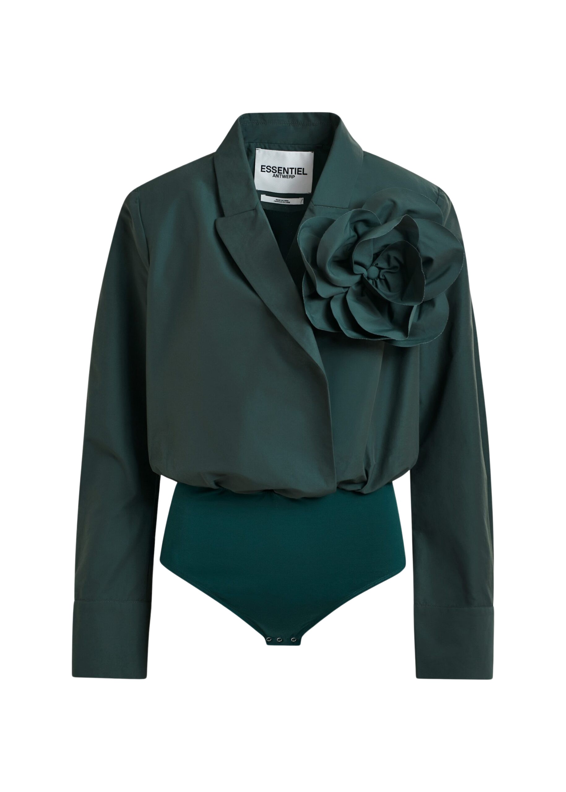 Essentiel Antwerp Dark teal green bodysuit with self-fabric flower