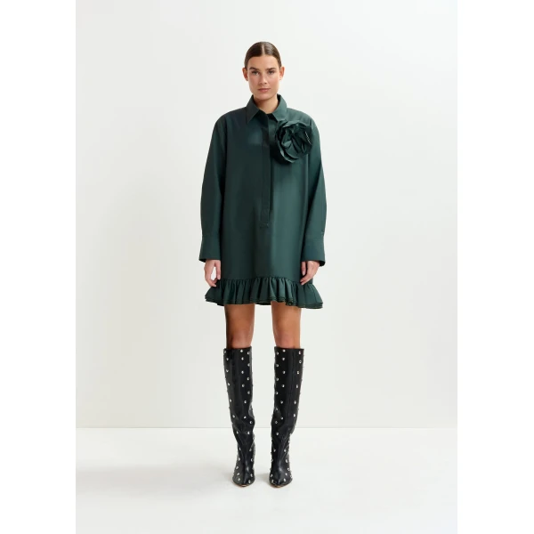 Essentiel Antwerp Dark teal green ruffled mini shirt dress with self-fabric flower - Essentiel Antwerp Dresses - Colorful Belgian Design - Shop at Luxury Shoes 