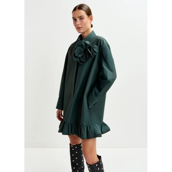 Essentiel Antwerp Dark teal green ruffled mini shirt dress with self-fabric flower - Essentiel Antwerp Dresses - Colorful Belgian Design - Shop at Luxury Shoes 
