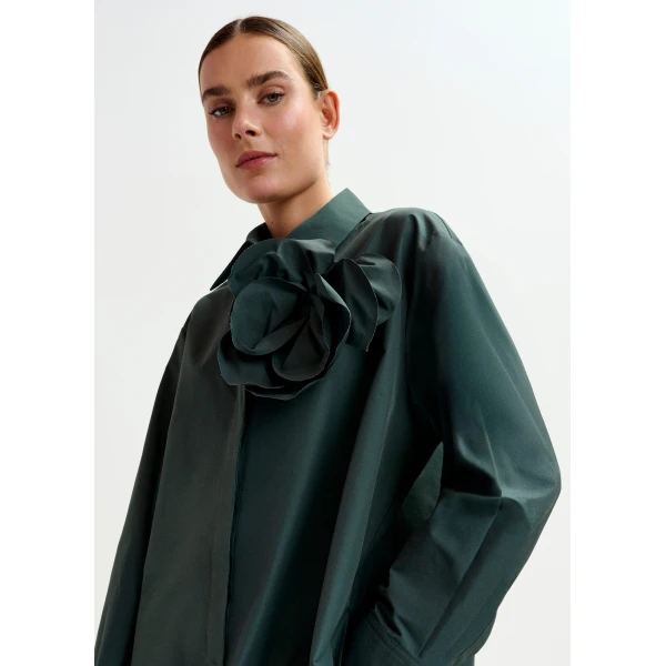 Essentiel Antwerp Dark teal green ruffled mini shirt dress with self-fabric flower - Essentiel Antwerp Dresses - Colorful Belgian Design - Shop at Luxury Shoes 