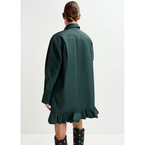 Essentiel Antwerp Dark teal green ruffled mini shirt dress with self-fabric flower - Essentiel Antwerp Dresses - Colorful Belgian Design - Shop at Luxury Shoes 