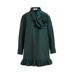 Essentiel Antwerp Dark teal green ruffled mini shirt dress with self-fabric flower - Essentiel Antwerp Dresses - Colorful Belgian Design - Shop at Luxury Shoes 