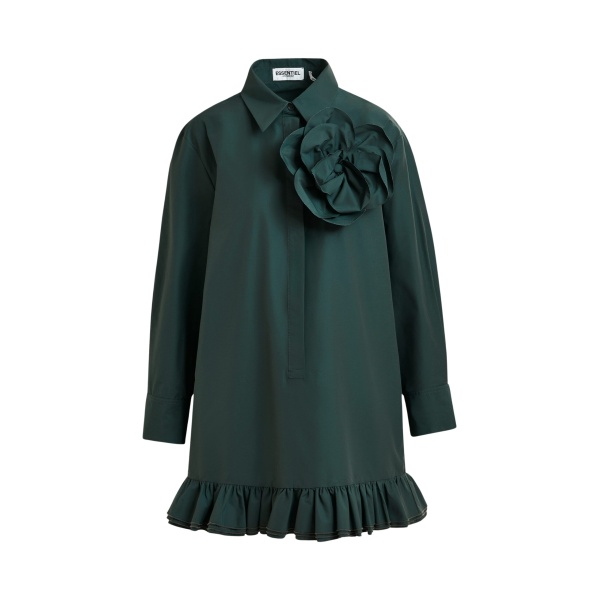 Essentiel Antwerp Dark teal green ruffled mini shirt dress with self-fabric flower - Essentiel Antwerp Dresses - Colorful Belgian Design - Shop at Luxury Shoes 