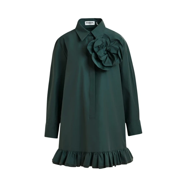 Essentiel Antwerp Dark teal green ruffled mini shirt dress with self-fabric flower - Essentiel Antwerp Dresses - Colorful Belgian Design - Shop at Luxury Shoes 