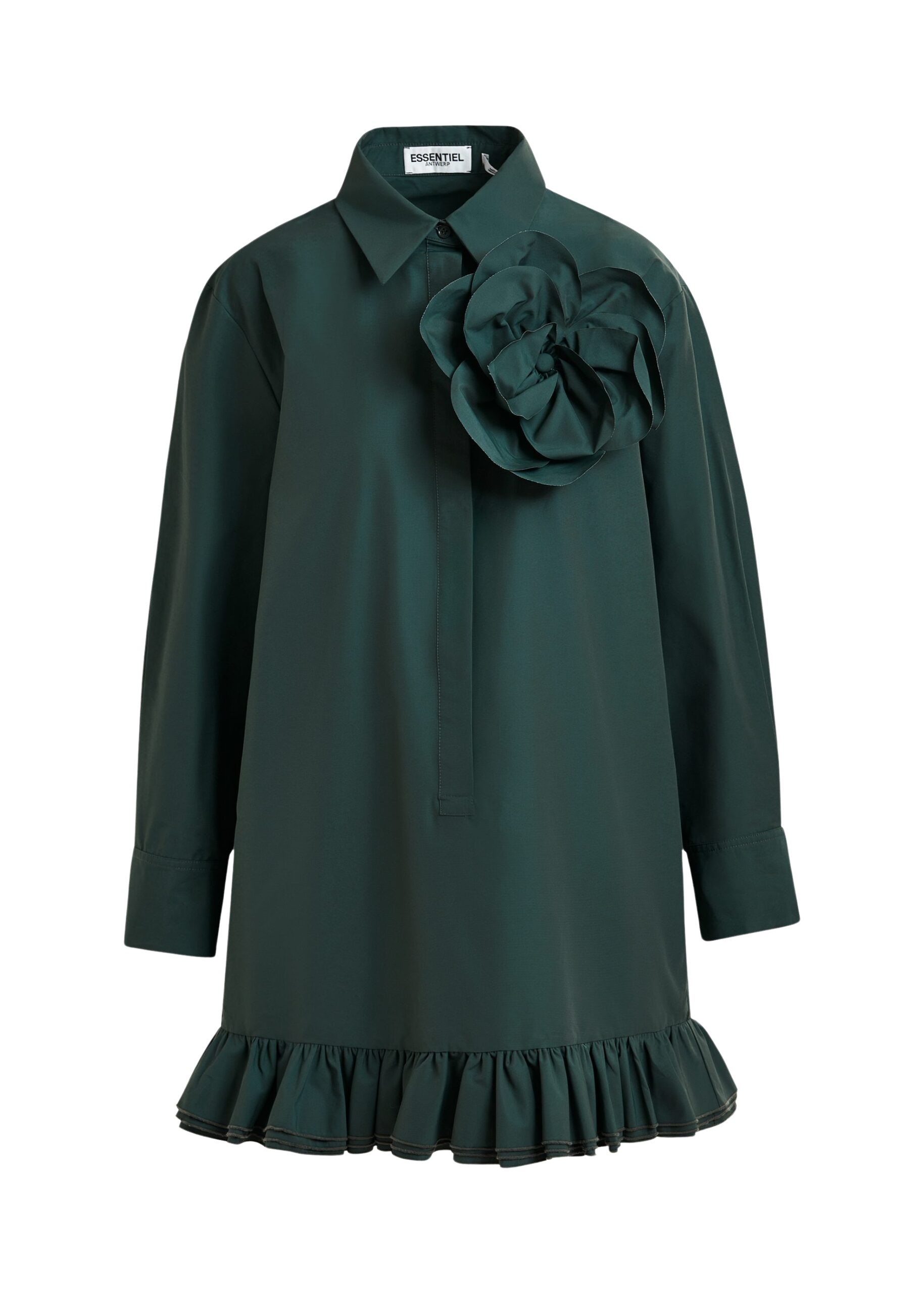 Essentiel Antwerp Dark teal green ruffled mini shirt dress with self-fabric flower