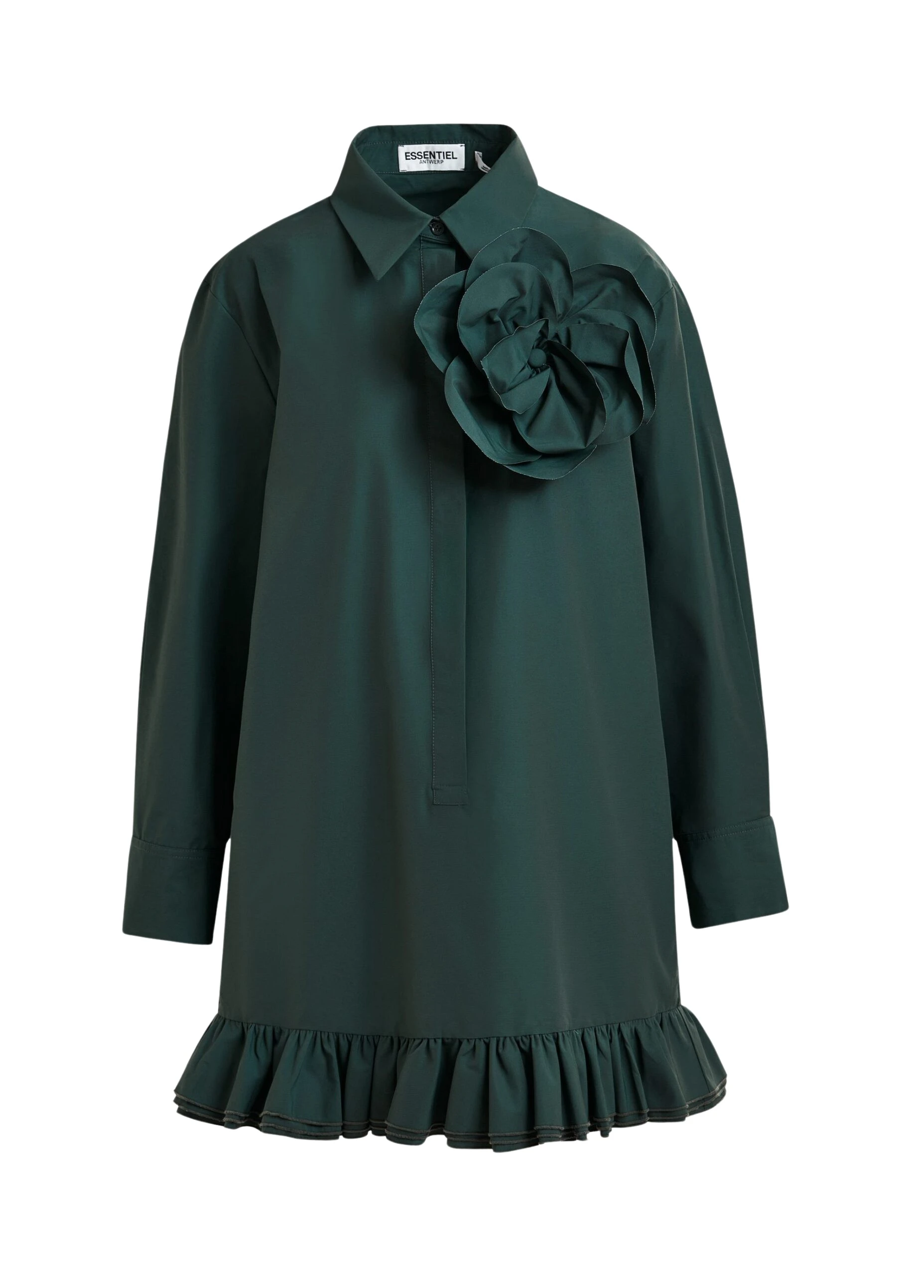 Dark-teal-green-ruffled-mini-shirt-dress-with-self-fabric-flower-Essentiel-Antwerp-Dresses-scaled42336_nobg Essentiel Antwerp Dark teal green ruffled mini shirt dress with self-fabric flower - Essentiel Antwerp Dresses - Colorful Belgian Design - Shop at Luxury Shoes