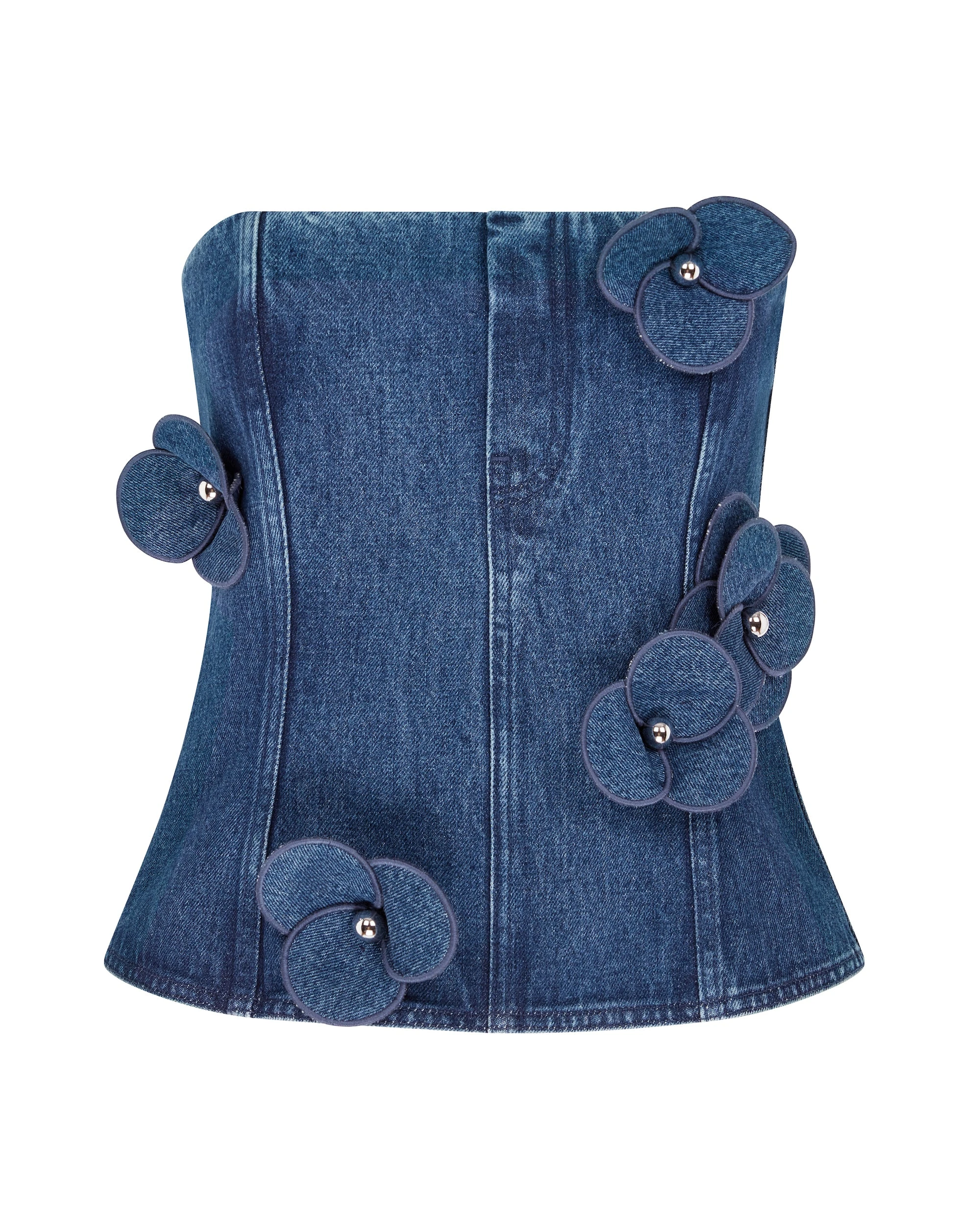 David Koma 3D Flower Denim Corset Top In Indigo David Koma 3D Flower Denim Corset Top In Indigo