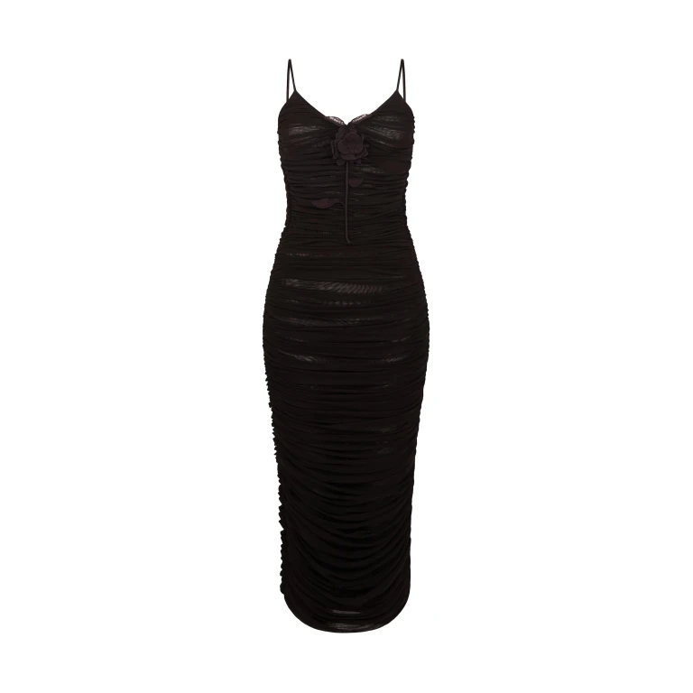 David Koma Lace Rose Embroidered Ruched Midi Dress