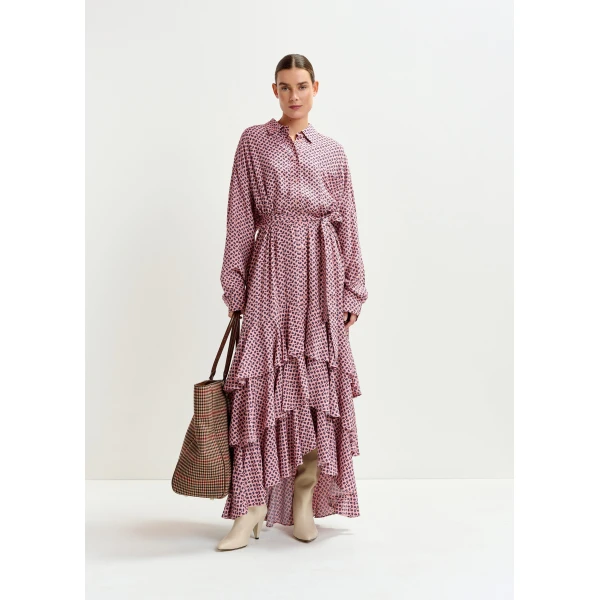 purple and green oversized printed maxi shirt dress with ruffled hemline - Essentiel Antwerp Dresses - Colorful Belgian Design - Shop at Luxury Shoes 