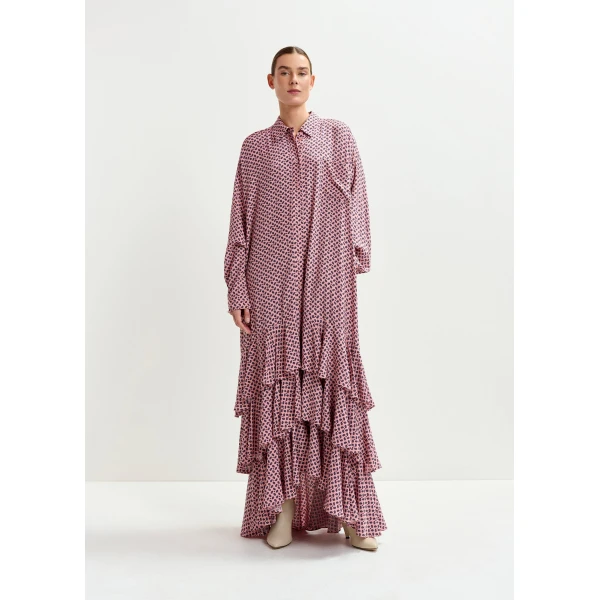 purple and green oversized printed maxi shirt dress with ruffled hemline - Essentiel Antwerp Dresses - Colorful Belgian Design - Shop at Luxury Shoes 