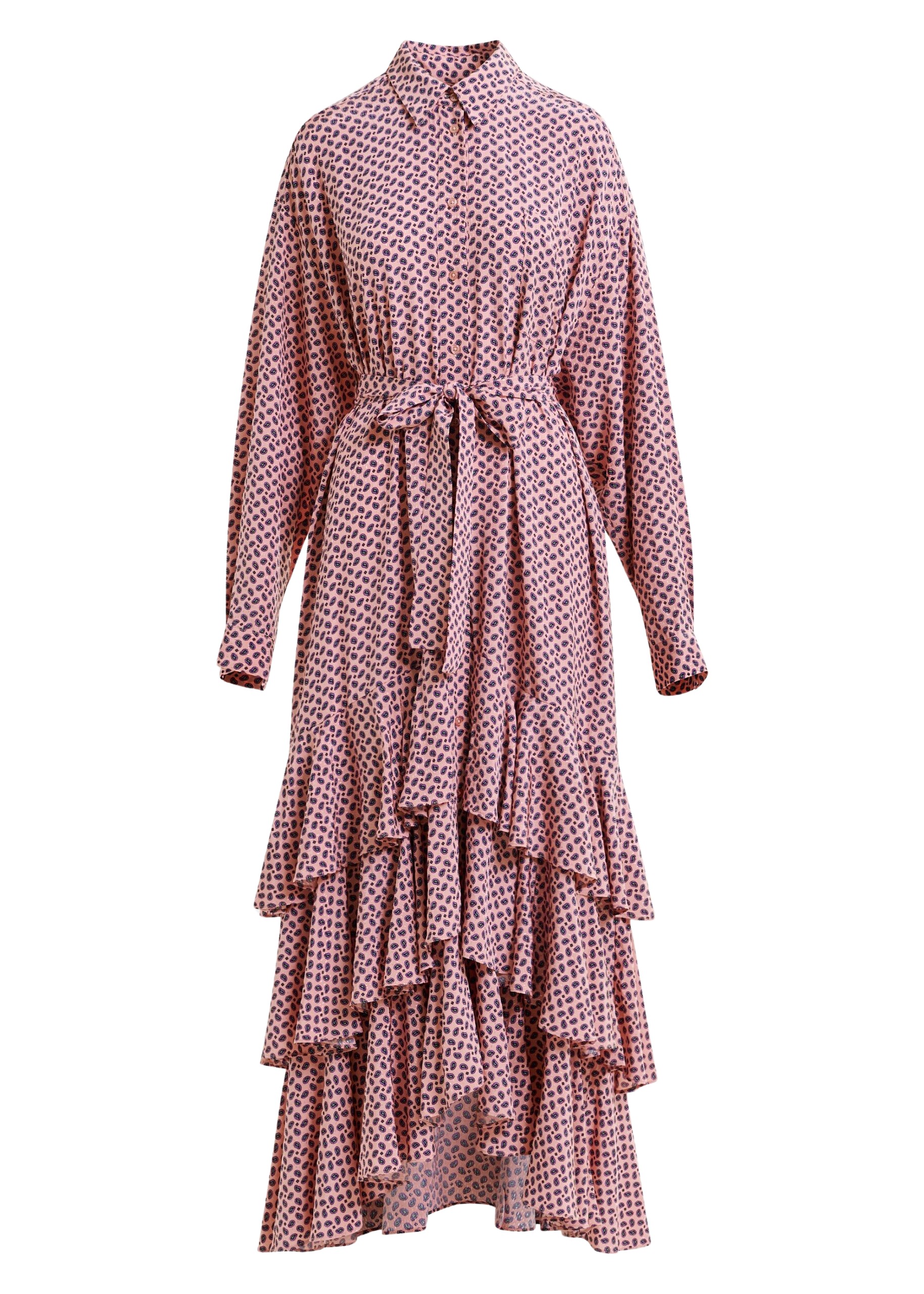 Essentiel Antwerp Dusty pink, purple and green oversized printed maxi shirt dress with ruffled hemline