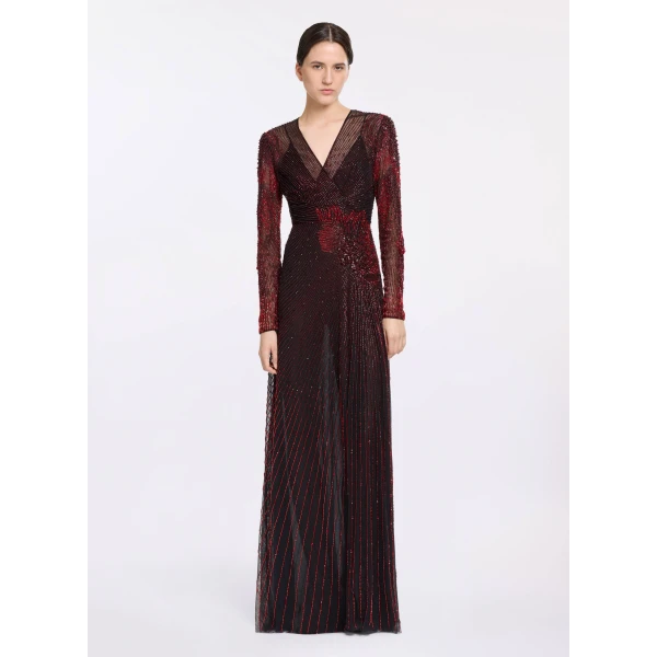 Elie Saab Bead Embroidered Long Dress in Red featuring  – Luxury Designer Fashion at Luxury Shoes .