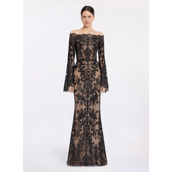 Elie Saab Embroidered Off-The-Shoulder Dress in Black featuring  – Luxury Designer Fashion at Luxury Shoes .
