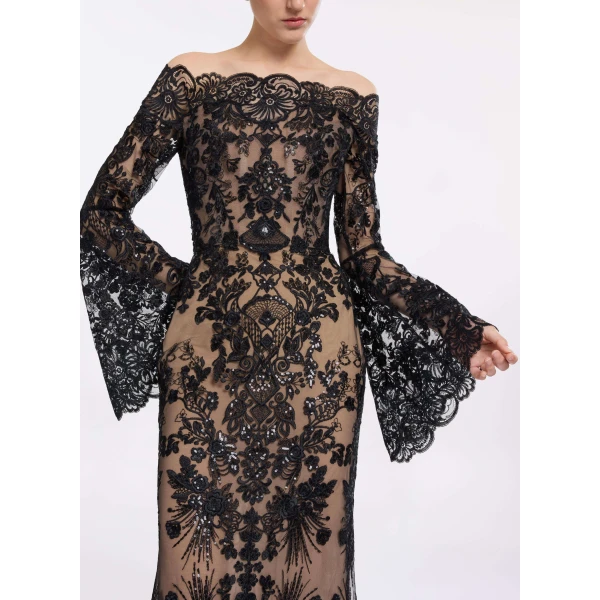 Elie Saab Embroidered Off-The-Shoulder Dress in Black featuring  – Luxury Designer Fashion at Luxury Shoes .