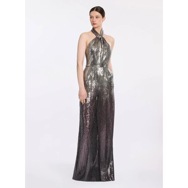 Elie Saab Halter Gradient Sequin Jumpsuit in Silver featuring  – Luxury Designer Fashion at Luxury Shoes .