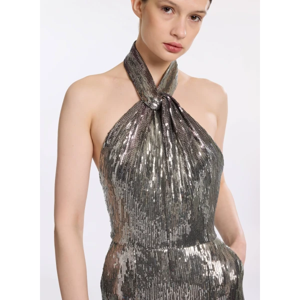 Elie Saab Halter Gradient Sequin Jumpsuit in Silver featuring  – Luxury Designer Fashion at Luxury Shoes .