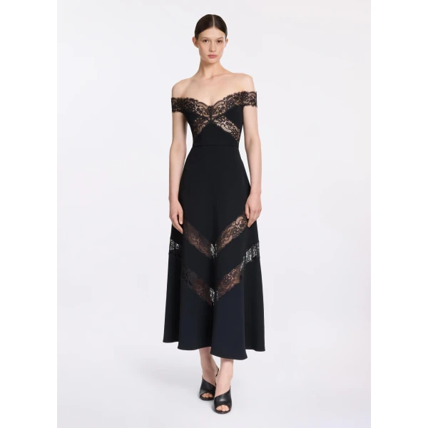 Elie Saab Off-The-Shoulder Midi Dress in Black featuring  – Luxury Designer Fashion at Luxury Shoes .