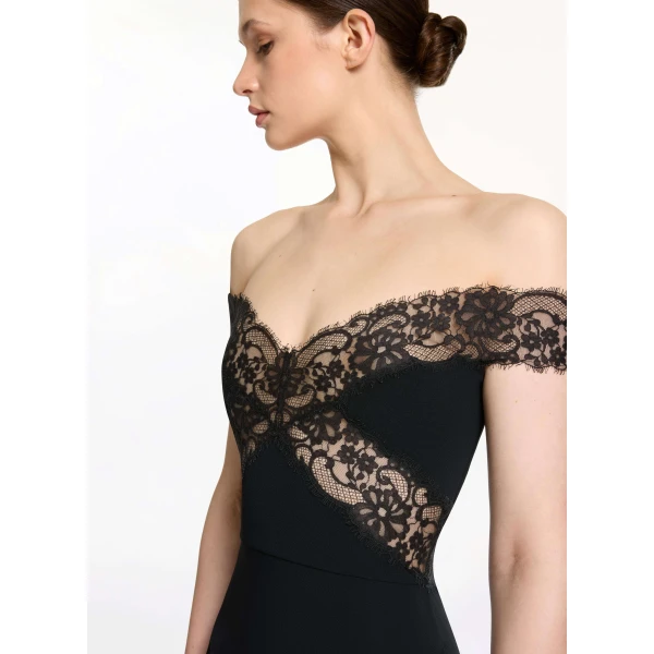 Elie Saab Off-The-Shoulder Midi Dress in Black featuring  – Luxury Designer Fashion at Luxury Shoes .