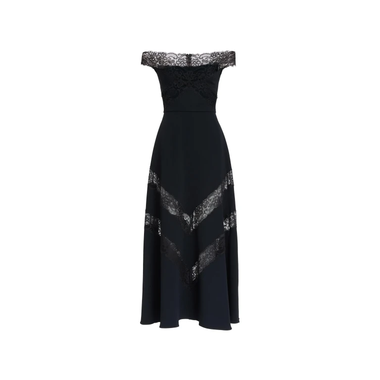Elie Saab Off-The-Shoulder Midi Dress in Black featuring  – Luxury Designer Fashion at Luxury Shoes .