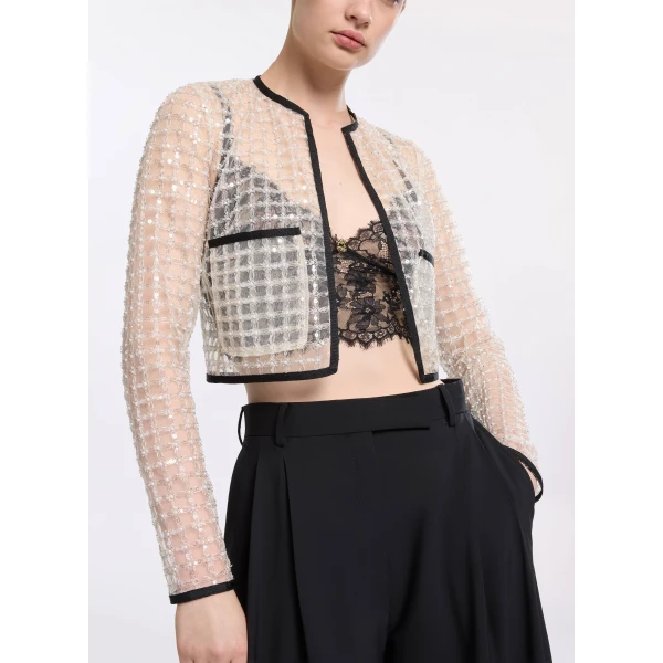 Elie Saab Pearl Cropped Jacket in White featuring  – Luxury Designer Fashion at Luxury Shoes .