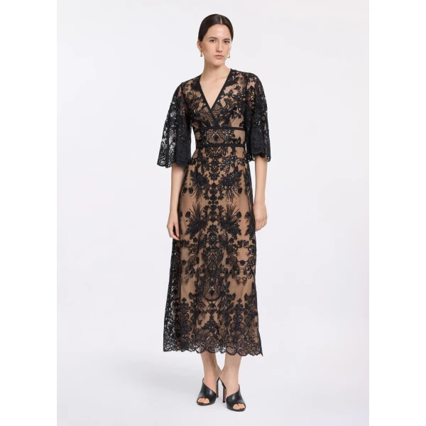 Elie Saab Sequin Embroidered Lace Dress in Black featuring  – Luxury Designer Fashion at Luxury Shoes .