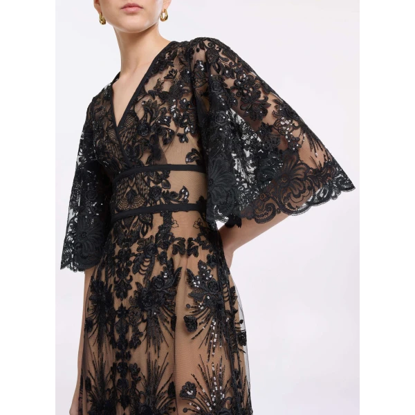 Elie Saab Sequin Embroidered Lace Dress in Black featuring  – Luxury Designer Fashion at Luxury Shoes .