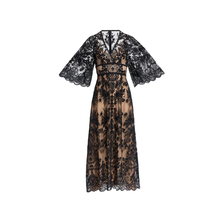 Elie Saab Sequin Embroidered Lace Dress in Black featuring  – Luxury Designer Fashion at Luxury Shoes .