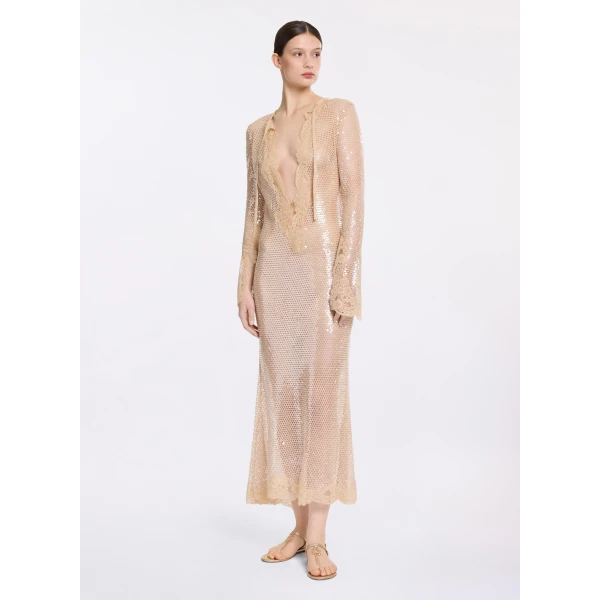 Elie Saab Sequined Mesh Midi Dress in Beige featuring  – Luxury Designer Fashion at Luxury Shoes .